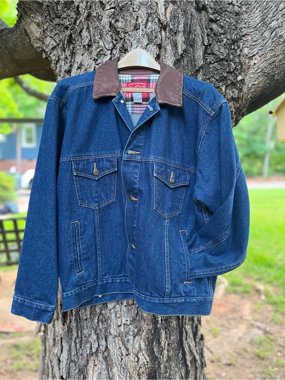 Men's Dark Blue Denim Field Jacket flannel lining Brown leather Collar M